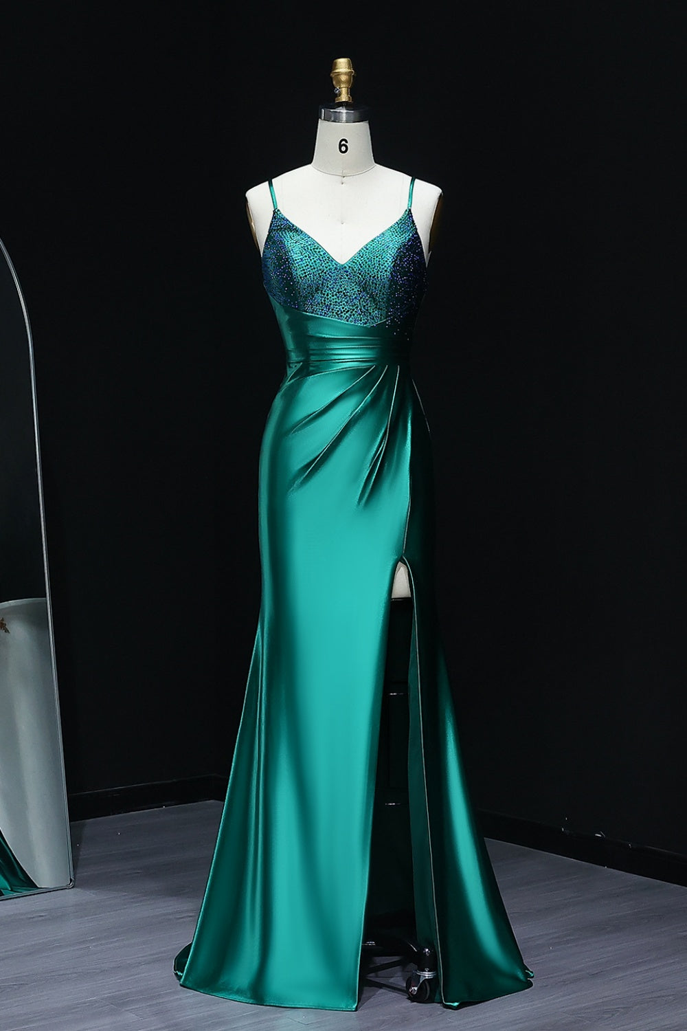 Emerald Green Satin Spaghetti Straps Sheath Prom Dress SH525 Sheer Fairy