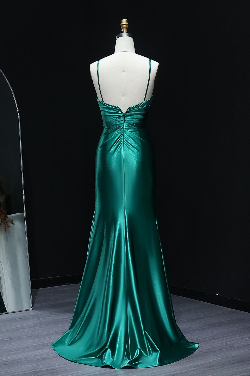 Emerald Green Satin Spaghetti Straps Sheath Prom Dress SH525 Sheer Fairy