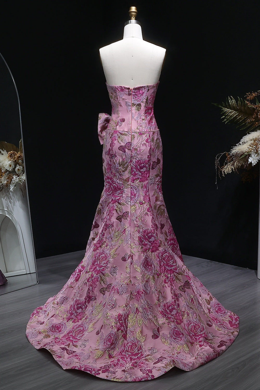 Pink Floral Strapless Sweetheart Gown Mermaid Prom Dress SH416 Sheer Fairy