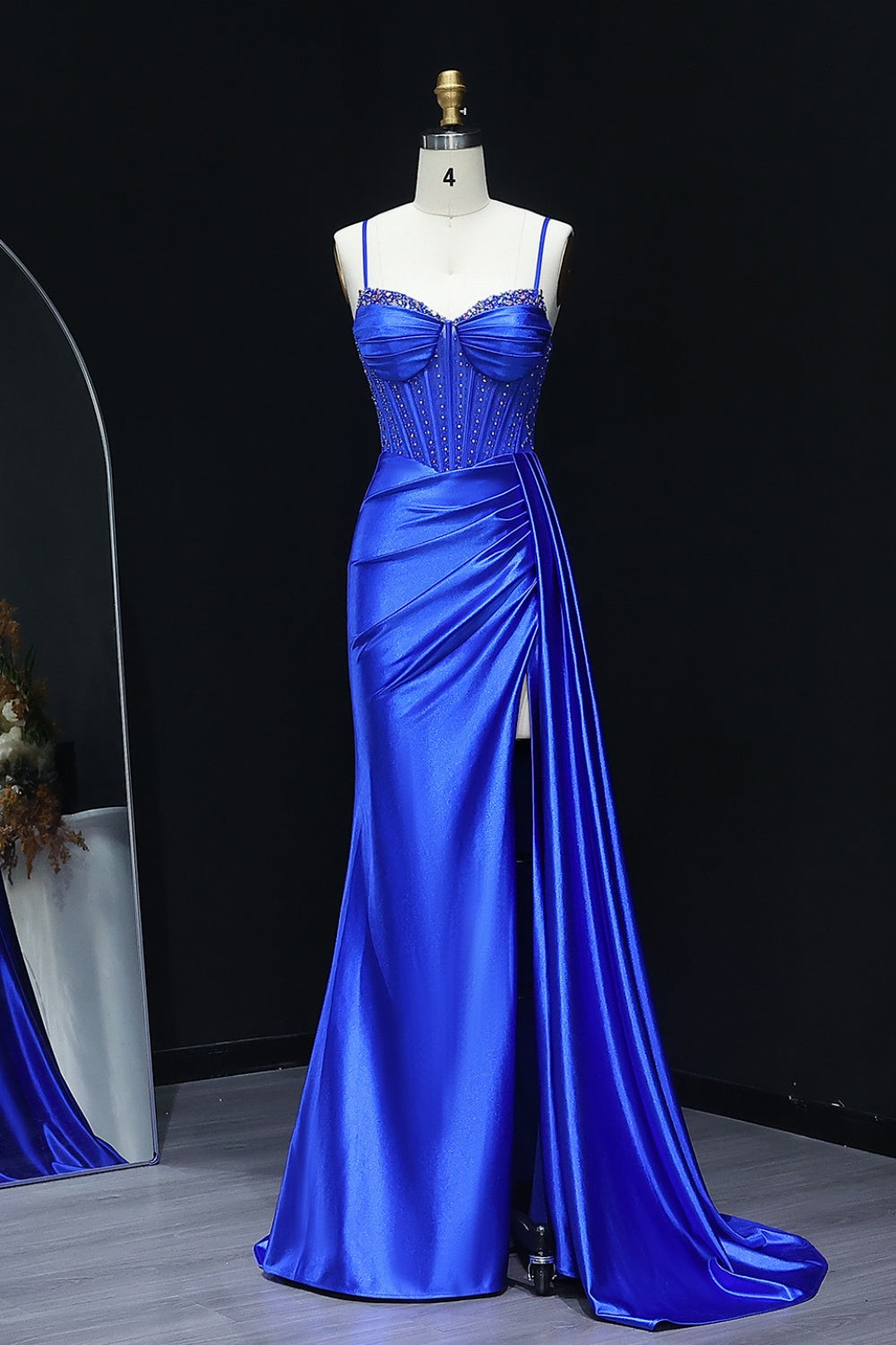 Royal Blue Satin Spaghetti Straps Beaded Mermaid Prom Dress SH526 Sheer Fairy