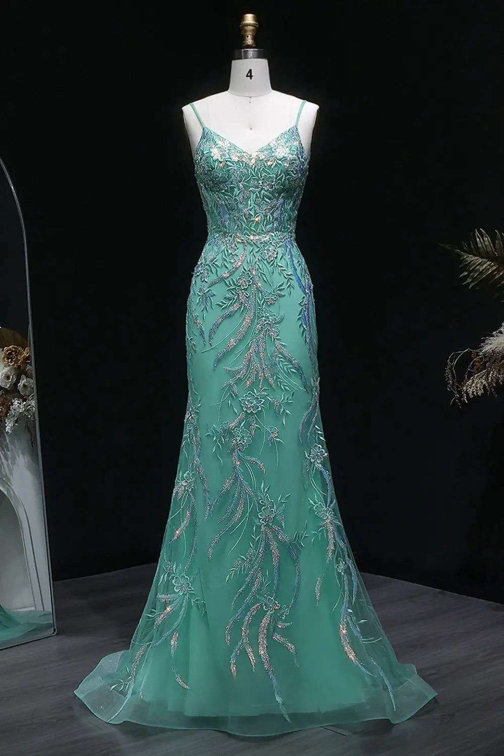 Light Blue Mermaid Beaded Lace Spaghetti Strap Prom Dress SH407 Sheer Fairy