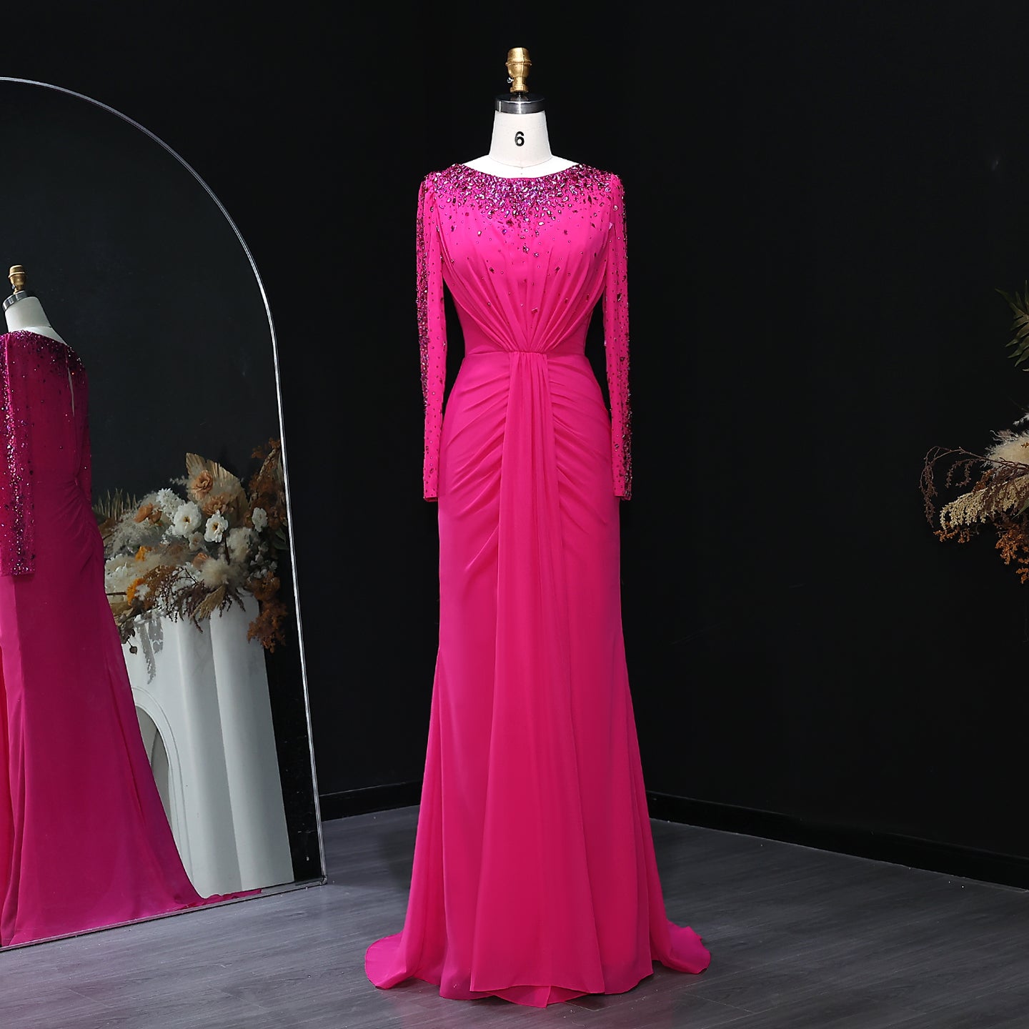 Luxury High Neck Beaded Lace Sheath Evening Dress with Long Sleeves SS565
