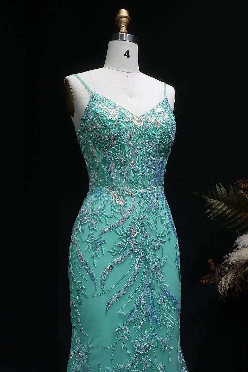Light Blue Mermaid Beaded Lace Spaghetti Strap Prom Dress SH407 Sheer Fairy