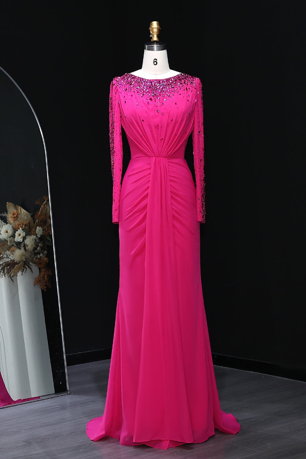Luxury High Neck Beaded Lace Sheath Evening Dress with Long Sleeves SS565 Sheer Fairy