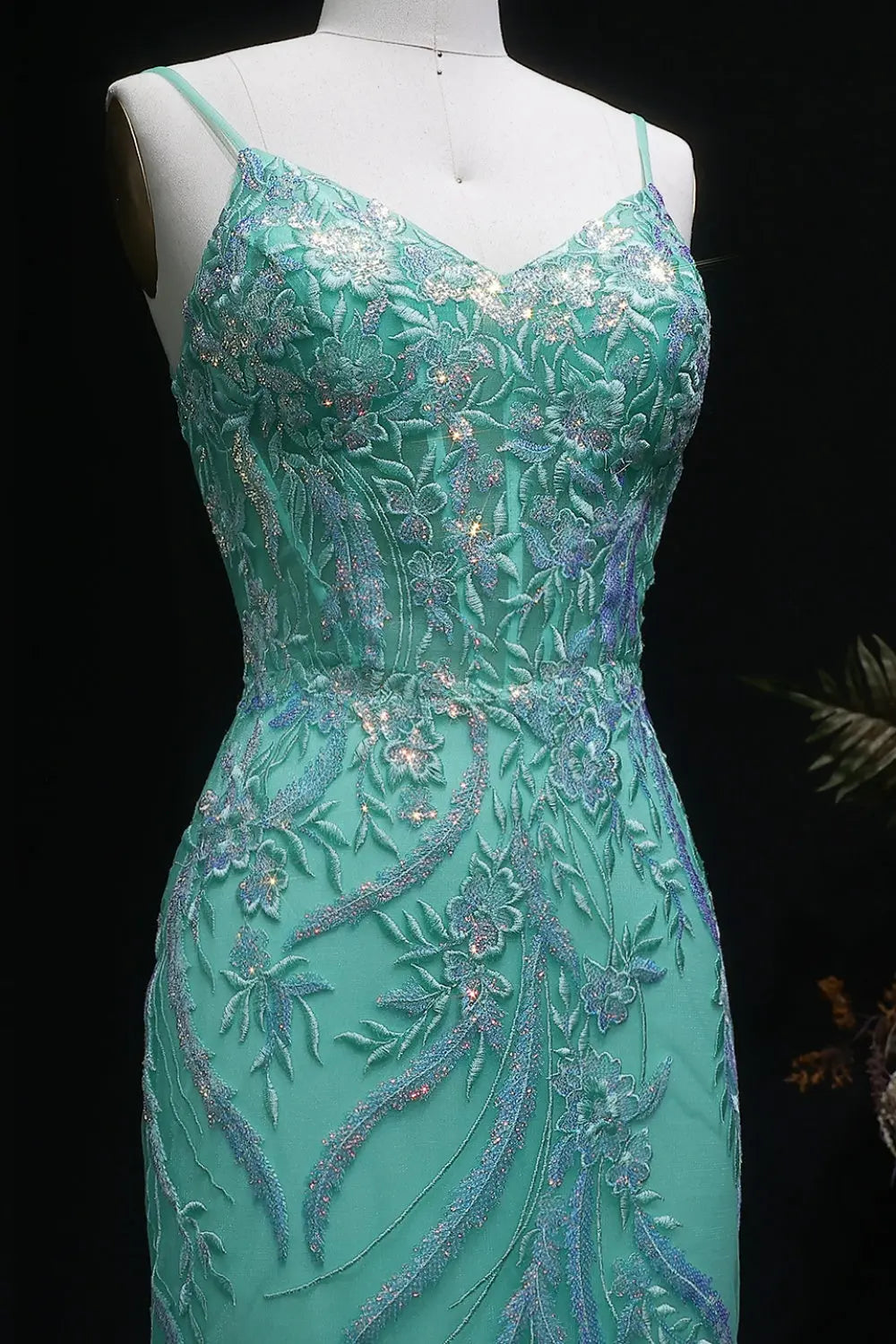 Light Blue Mermaid Beaded Lace Spaghetti Strap Prom Dress SH407 Sheer Fairy