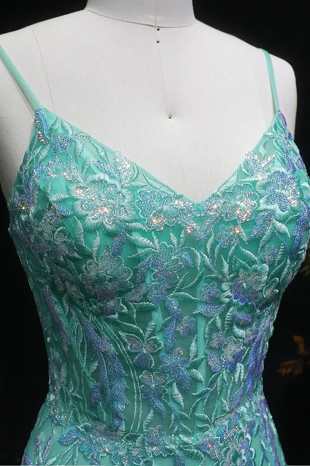 Light Blue Mermaid Beaded Lace Spaghetti Strap Prom Dress SH407 Sheer Fairy