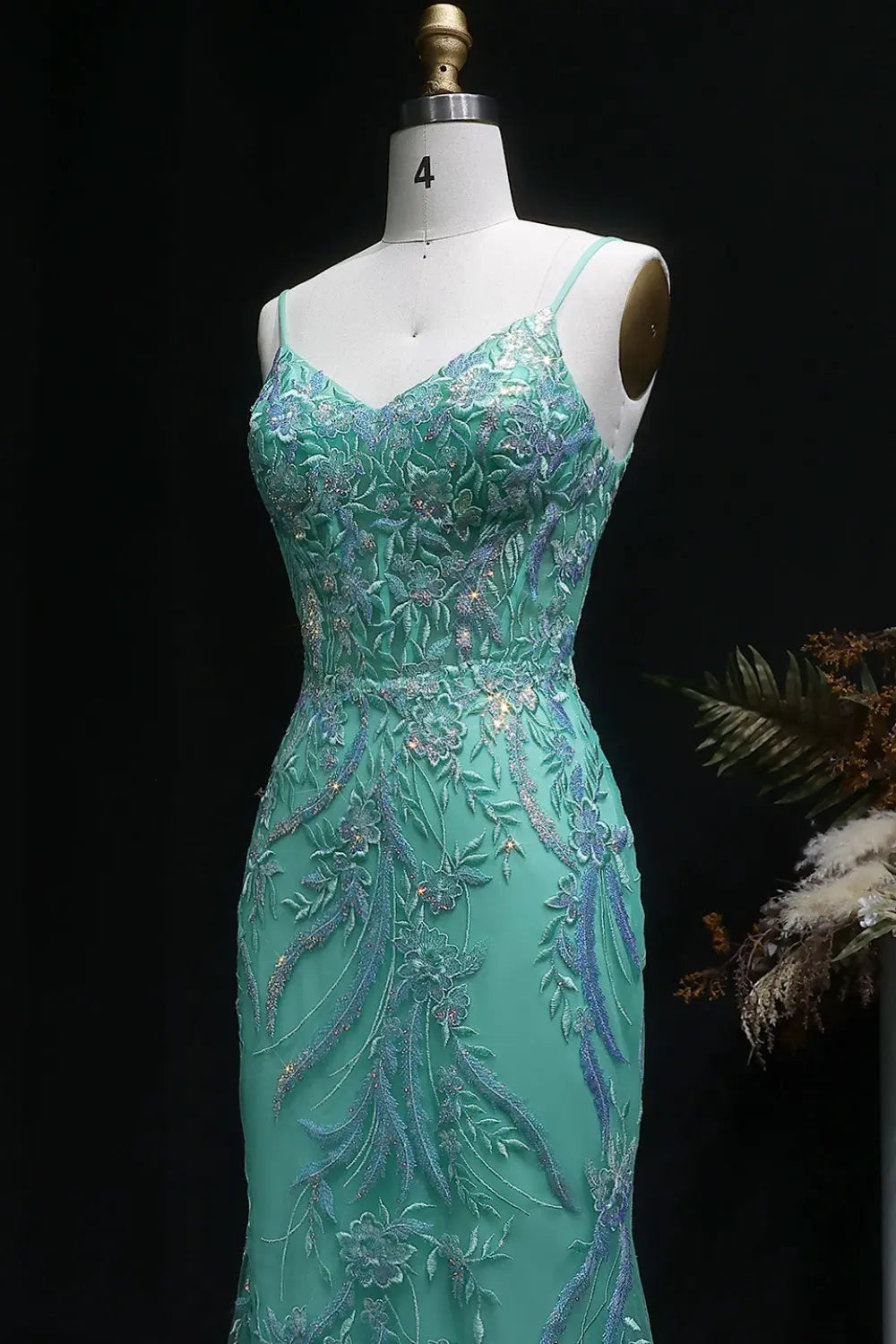 Light Blue Mermaid Beaded Lace Spaghetti Strap Prom Dress SH407 Sheer Fairy