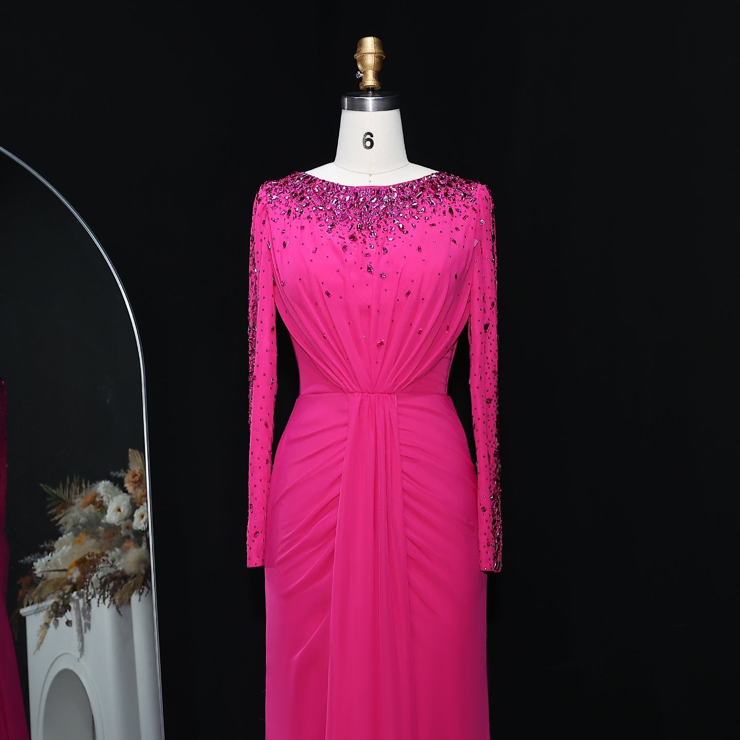 Luxury High Neck Beaded Lace Sheath Evening Dress with Long Sleeves SS565