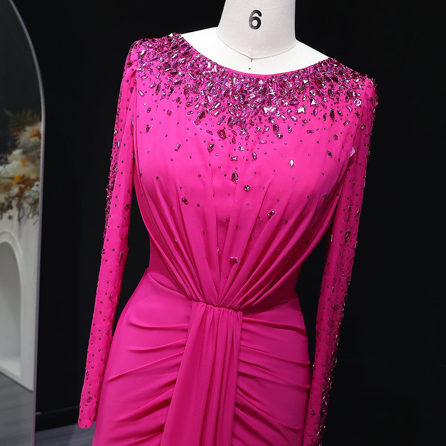 Luxury High Neck Beaded Lace Sheath Evening Dress with Long Sleeves SS565