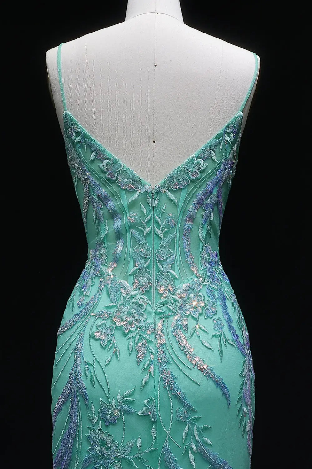 Light Blue Mermaid Beaded Lace Spaghetti Strap Prom Dress SH407 Sheer Fairy