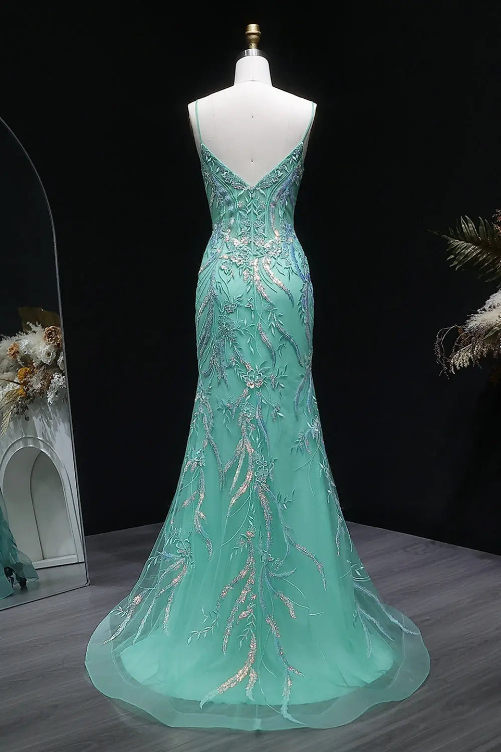 Light Blue Mermaid Beaded Lace Spaghetti Strap Prom Dress SH407 Sheer Fairy