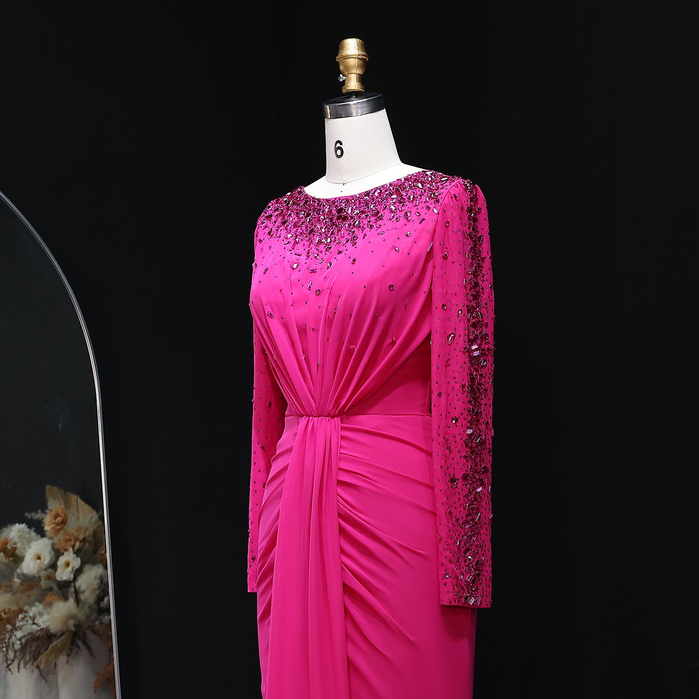 Luxury High Neck Beaded Lace Sheath Evening Dress with Long Sleeves SS565
