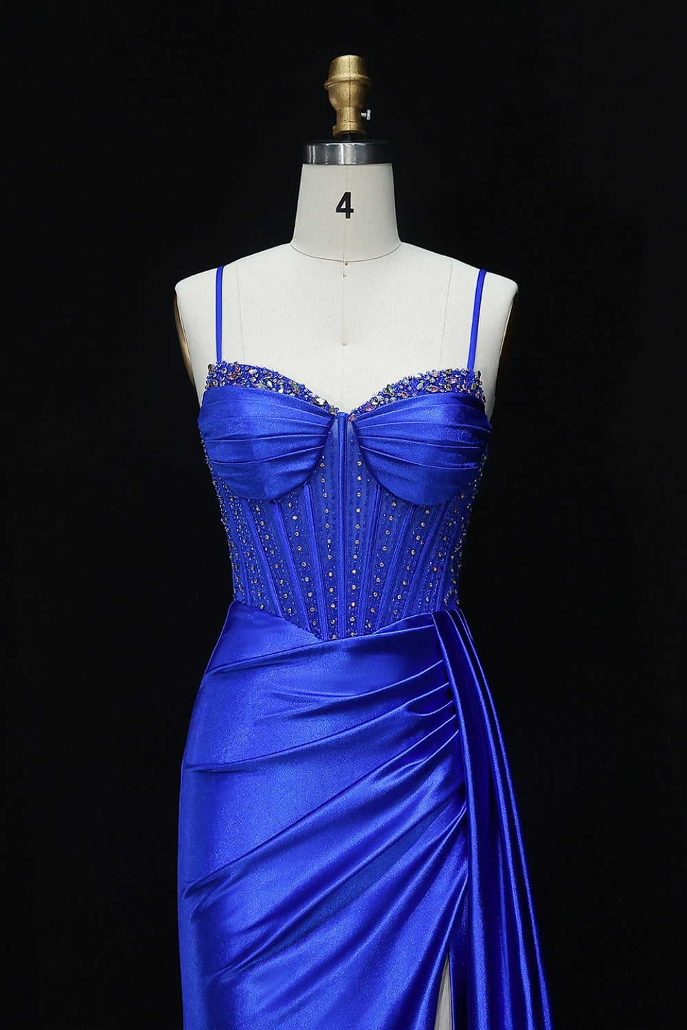 Royal Blue Satin Spaghetti Straps Beaded Mermaid Prom Dress SH526 Sheer Fairy