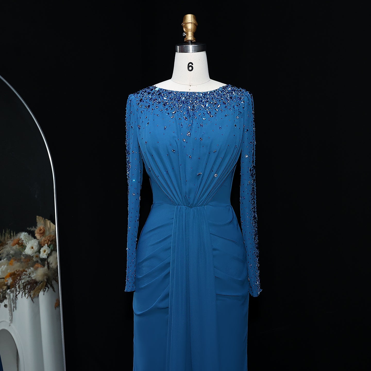 Luxury High Neck Beaded Lace Sheath Evening Dress with Long Sleeves SS565