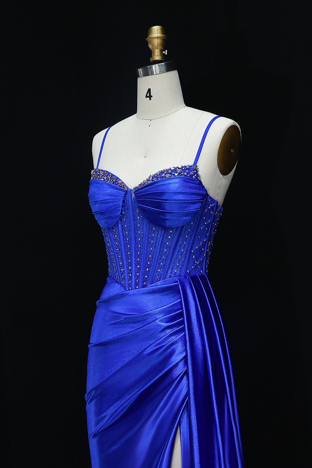 Royal Blue Satin Spaghetti Straps Beaded Mermaid Prom Dress SH526 Sheer Fairy