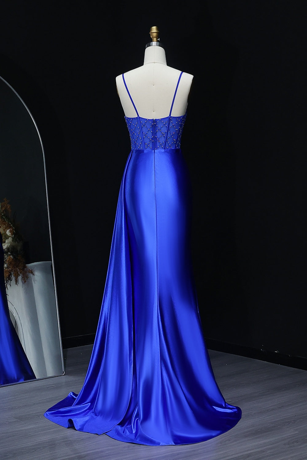 Royal Blue Satin Spaghetti Straps Beaded Mermaid Prom Dress SH526 Sheer Fairy