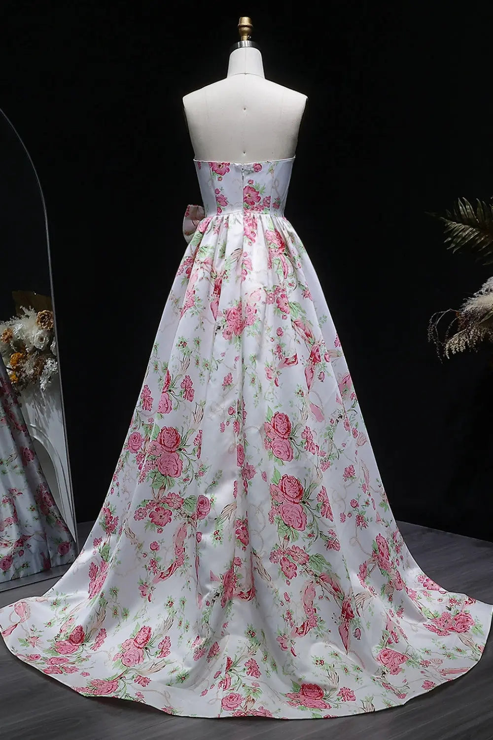 Strapless Sweetheart Pink Floral Jacquard Ball Gown Prom Dress SH415 Sheer Fairy
