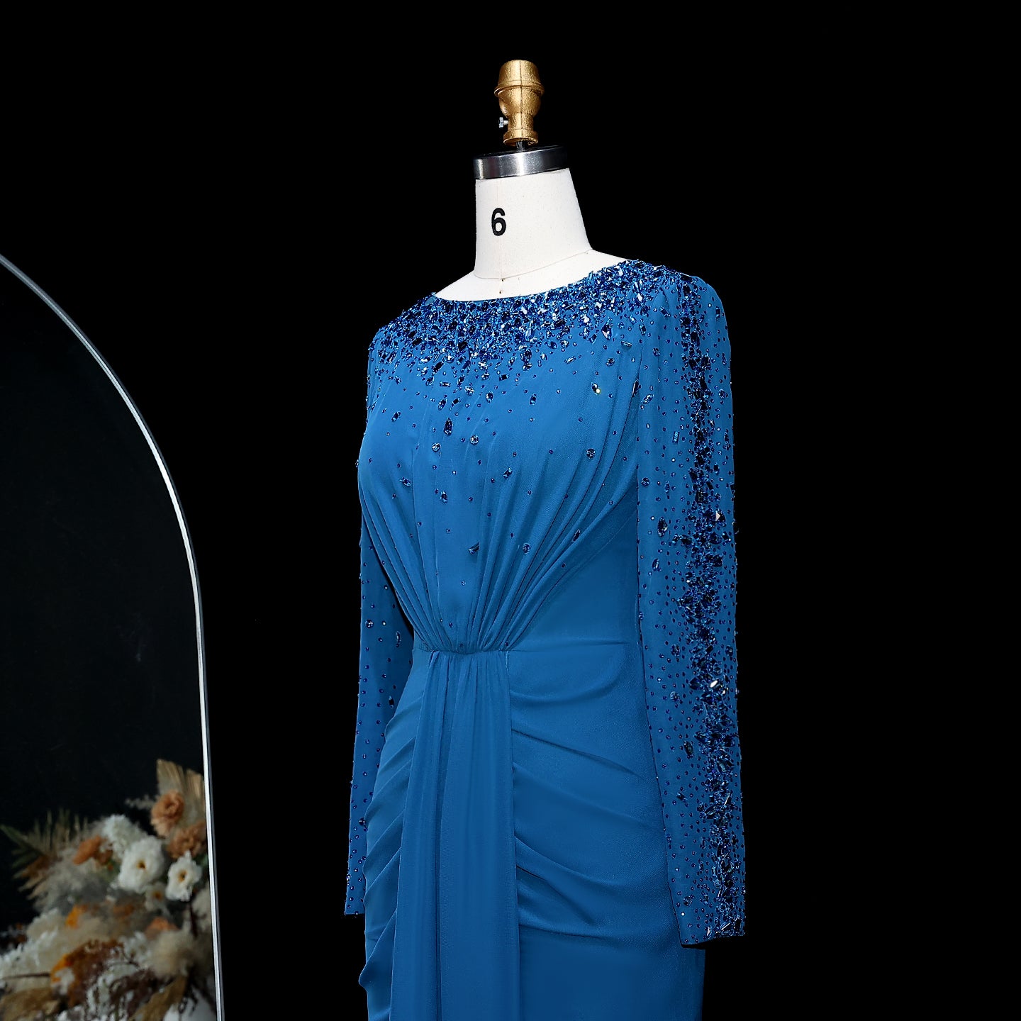 Luxury High Neck Beaded Lace Sheath Evening Dress with Long Sleeves SS565