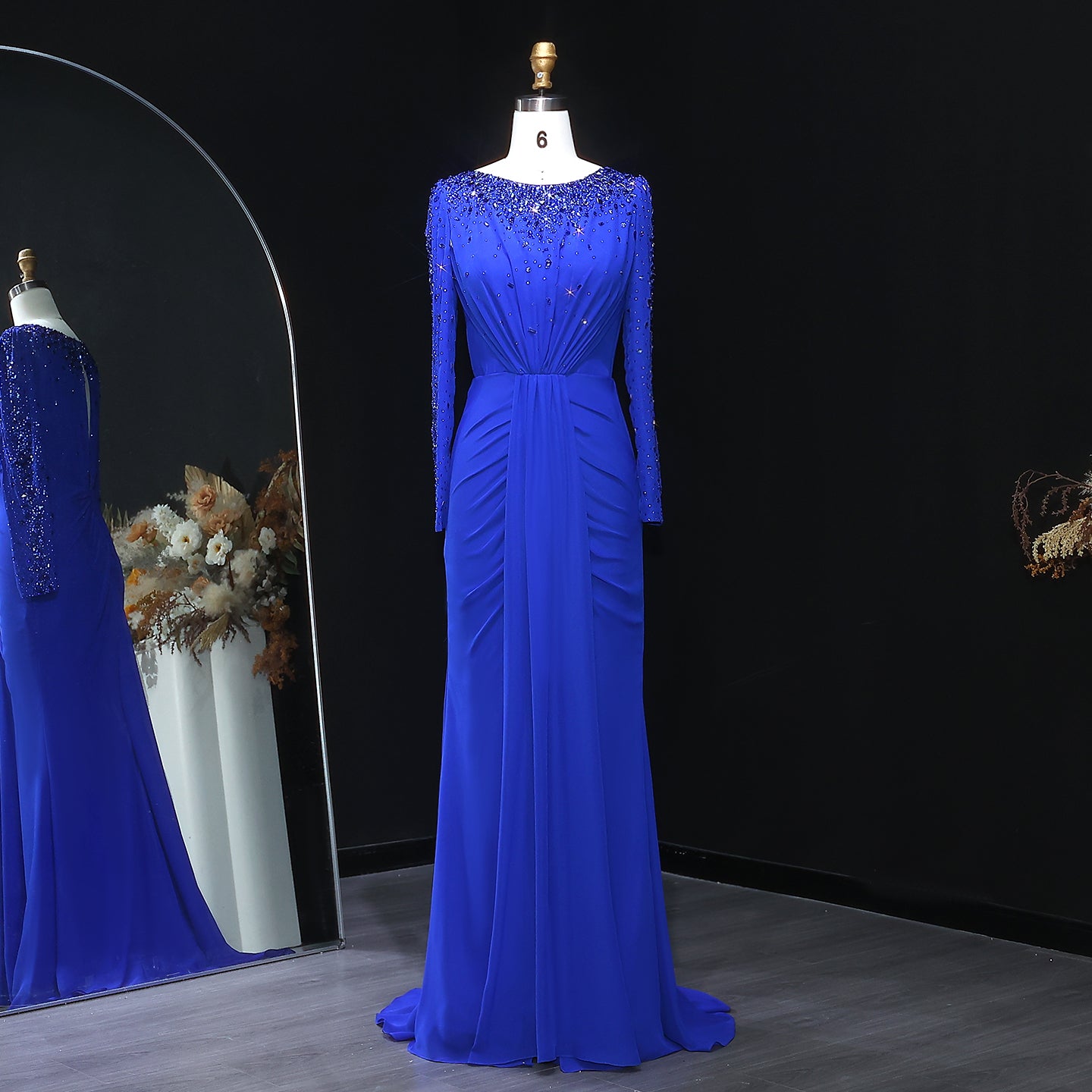 Luxury High Neck Beaded Lace Sheath Evening Dress with Long Sleeves SS565