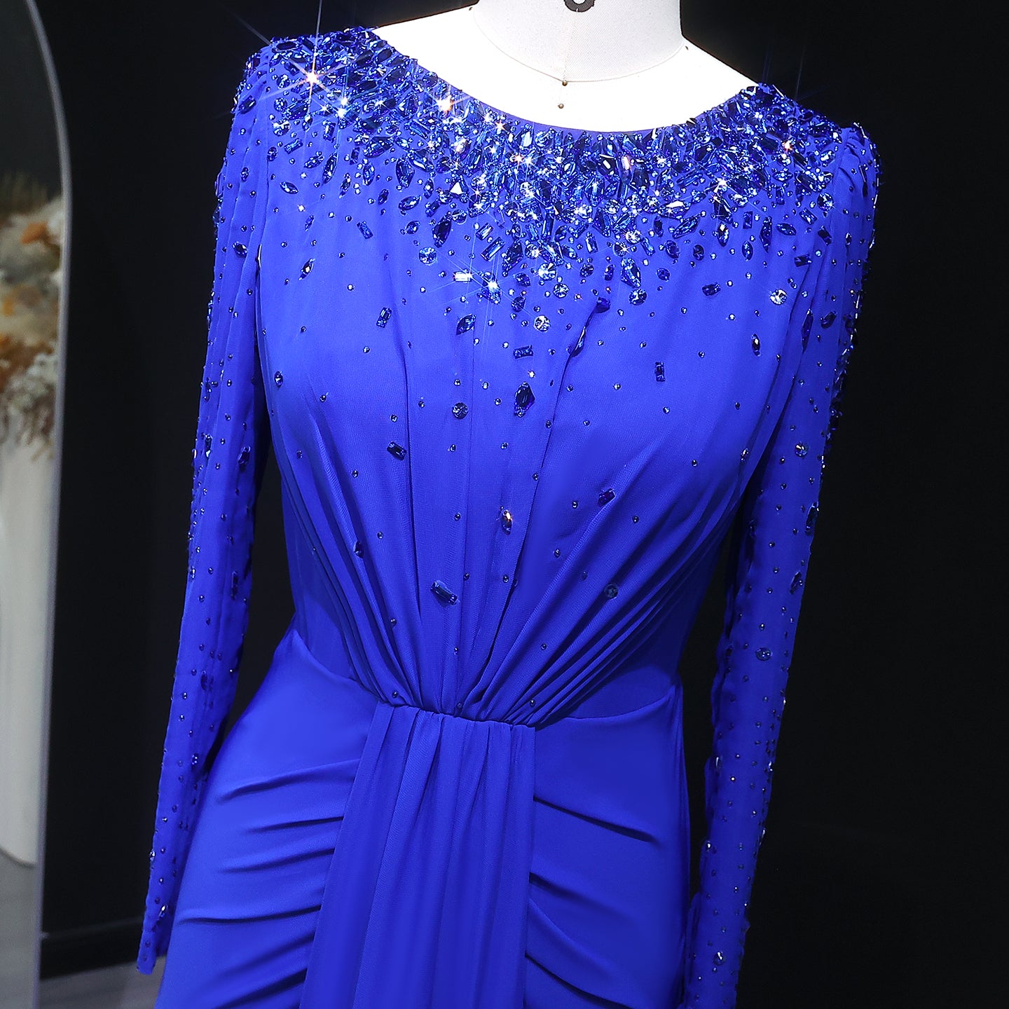 Luxury High Neck Beaded Lace Sheath Evening Dress with Long Sleeves SS565