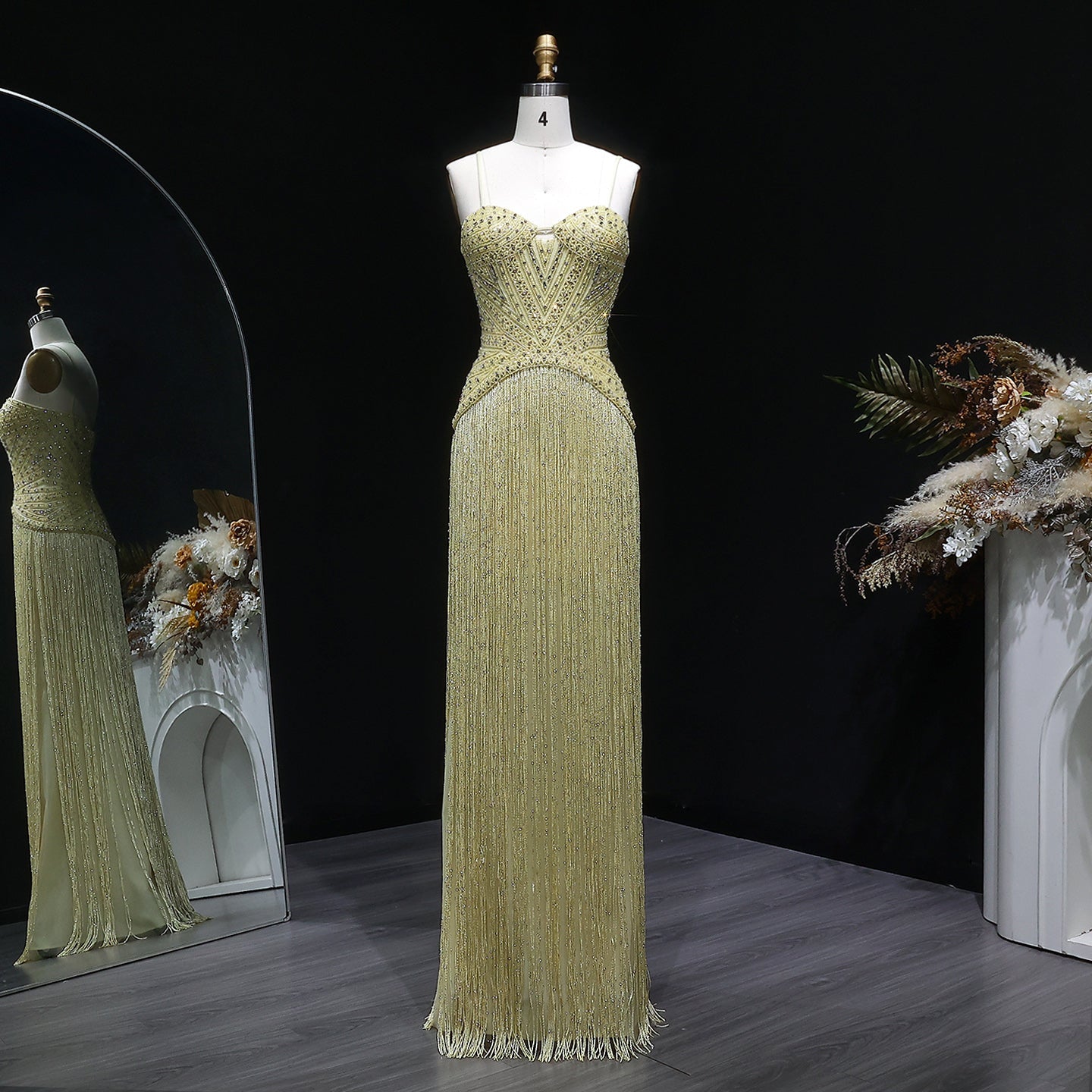 Glamorous Yellow Fringe A Line Evening Gown with Beaded Sweetheart Neckline SS522 Sheer Fairy