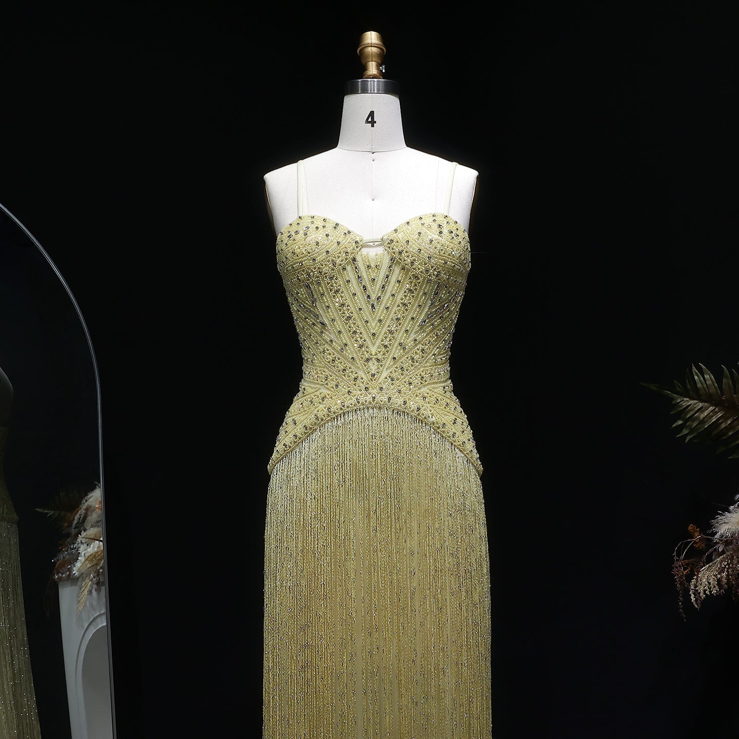 Glamorous Yellow Fringe A Line Evening Gown with Beaded Sweetheart Neckline SS522 Sheer Fairy