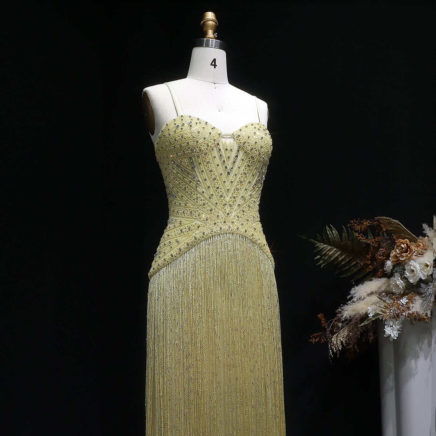 Glamorous Yellow Fringe A Line Evening Gown with Beaded Sweetheart Neckline SS522 Sheer Fairy