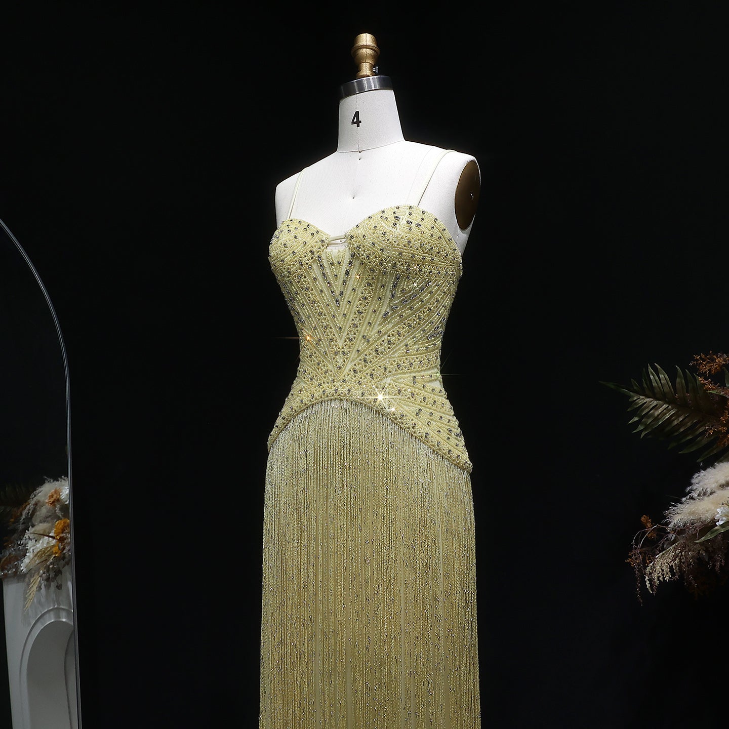 Glamorous Yellow Fringe A Line Evening Gown with Beaded Sweetheart Neckline SS522 Sheer Fairy