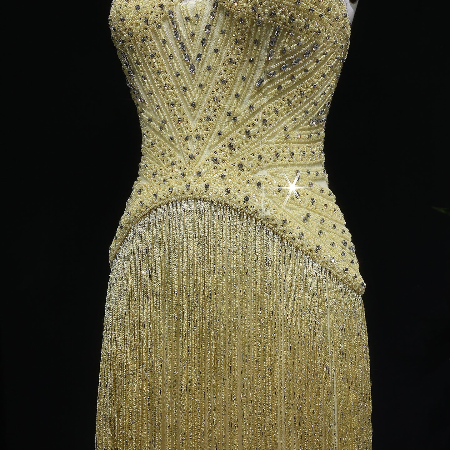 Glamorous Yellow Fringe A Line Evening Gown with Beaded Sweetheart Neckline SS522 Sheer Fairy