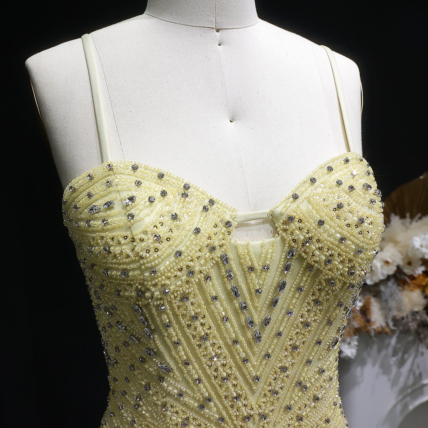 Glamorous Yellow Fringe A Line Evening Gown with Beaded Sweetheart Neckline SS522 Sheer Fairy