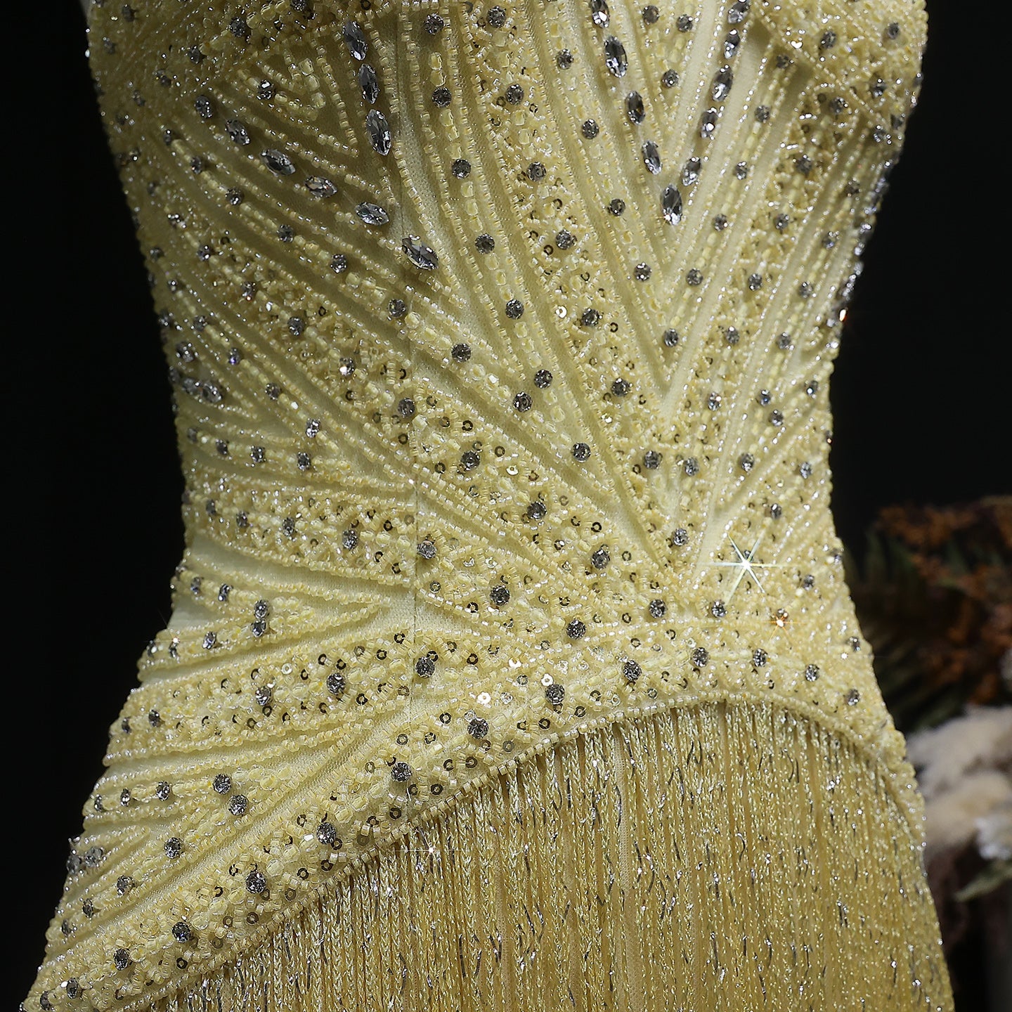 Glamorous Yellow Fringe A Line Evening Gown with Beaded Sweetheart Neckline SS522 Sheer Fairy