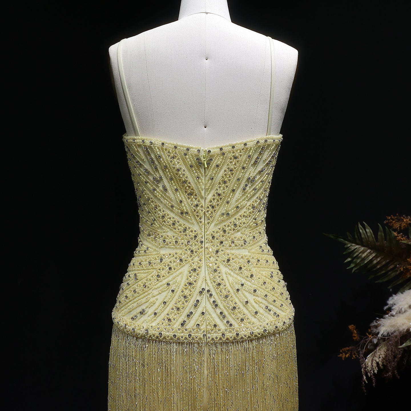 Glamorous Yellow Fringe A Line Evening Gown with Beaded Sweetheart Neckline SS522 Sheer Fairy