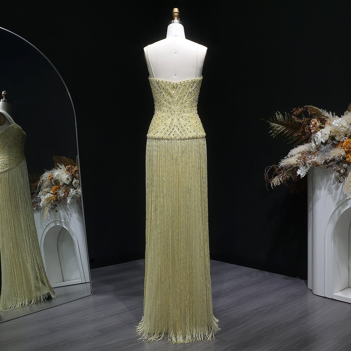 Glamorous Yellow Fringe A Line Evening Gown with Beaded Sweetheart Neckline SS522 Sheer Fairy