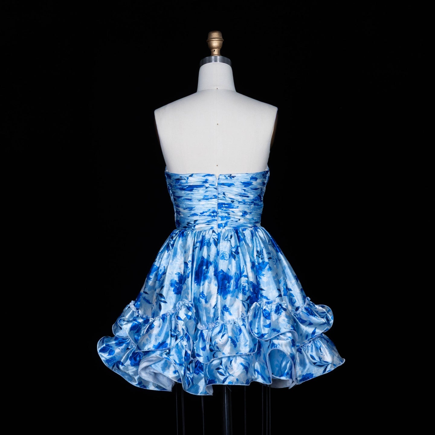 Blue Floral Print Strapless Ruffled Tulle Mini Homecoming Dress RM176 Sheer Fairy