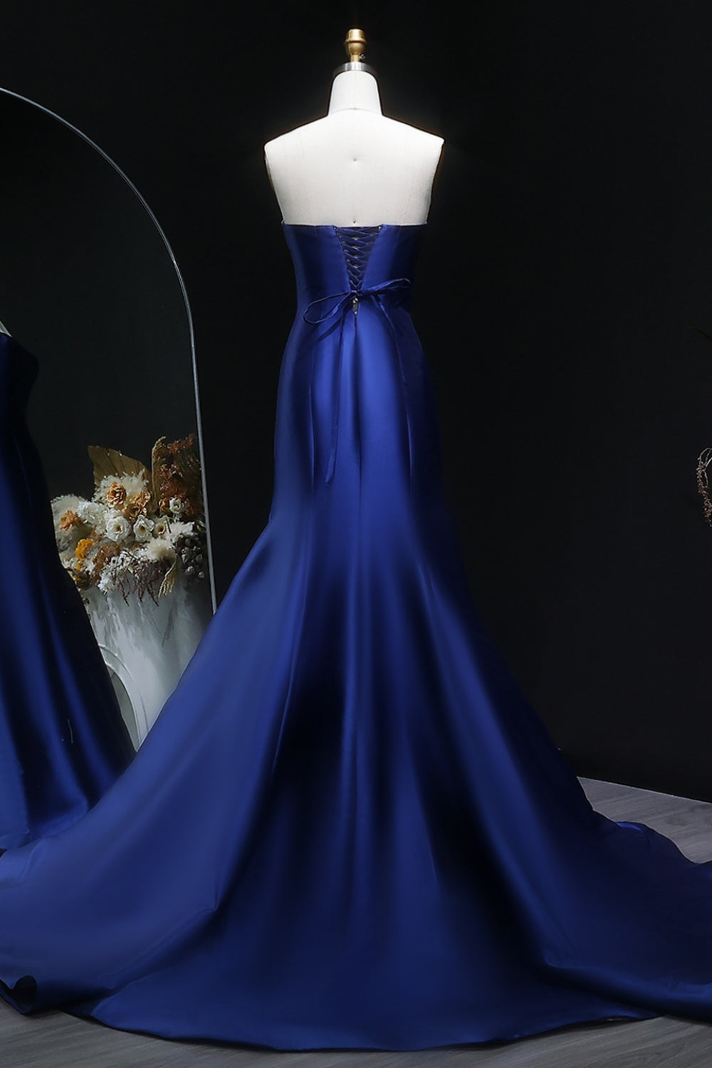 Royal Satin Off Shoulder Mermaid Navy Blue Evening Dress SF309 Sheer Fairy