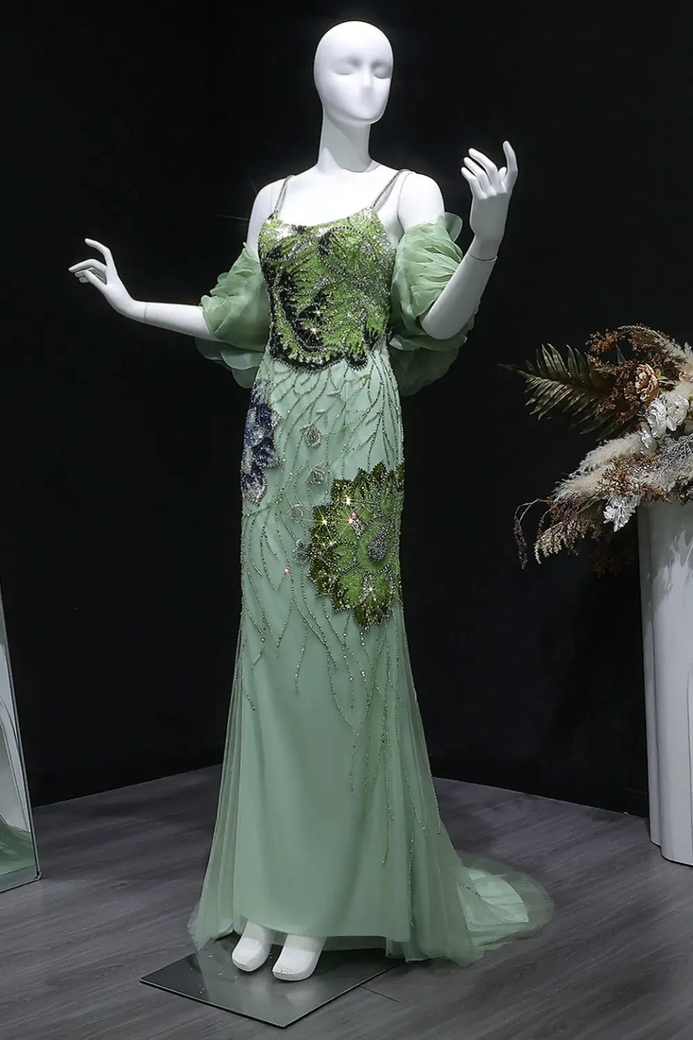 Luxury Pink Beaded Plunging Mermaid Evening Dress SS515 Sheer Fairy