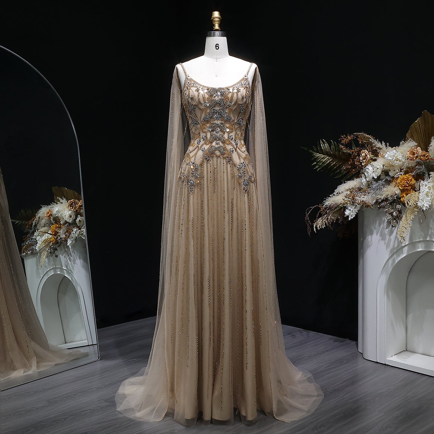 Champagne Beaded Sheer Corset Evening Gown with Draped Cape & Pleated Skirt SS538 Sheer Fairy