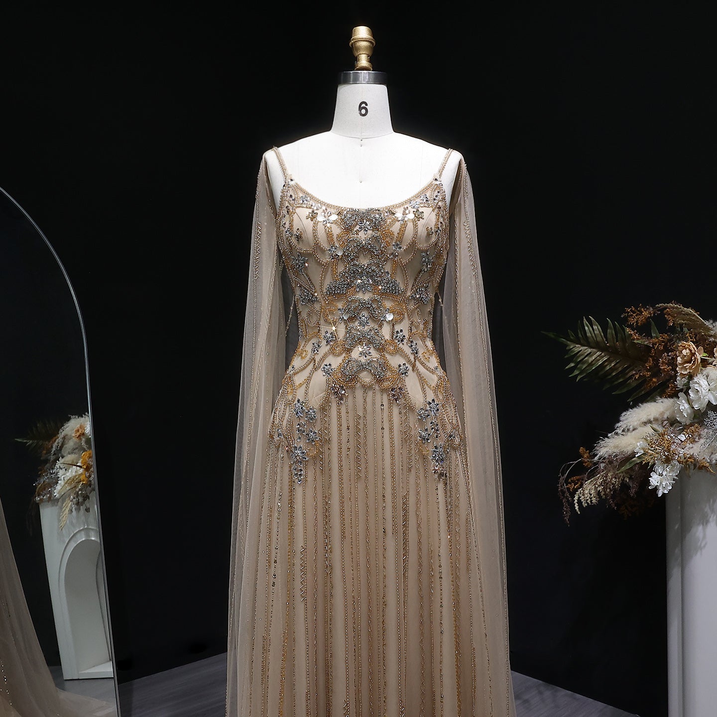 Champagne Beaded Sheer Corset Evening Gown with Draped Cape & Pleated Skirt SS538 Sheer Fairy