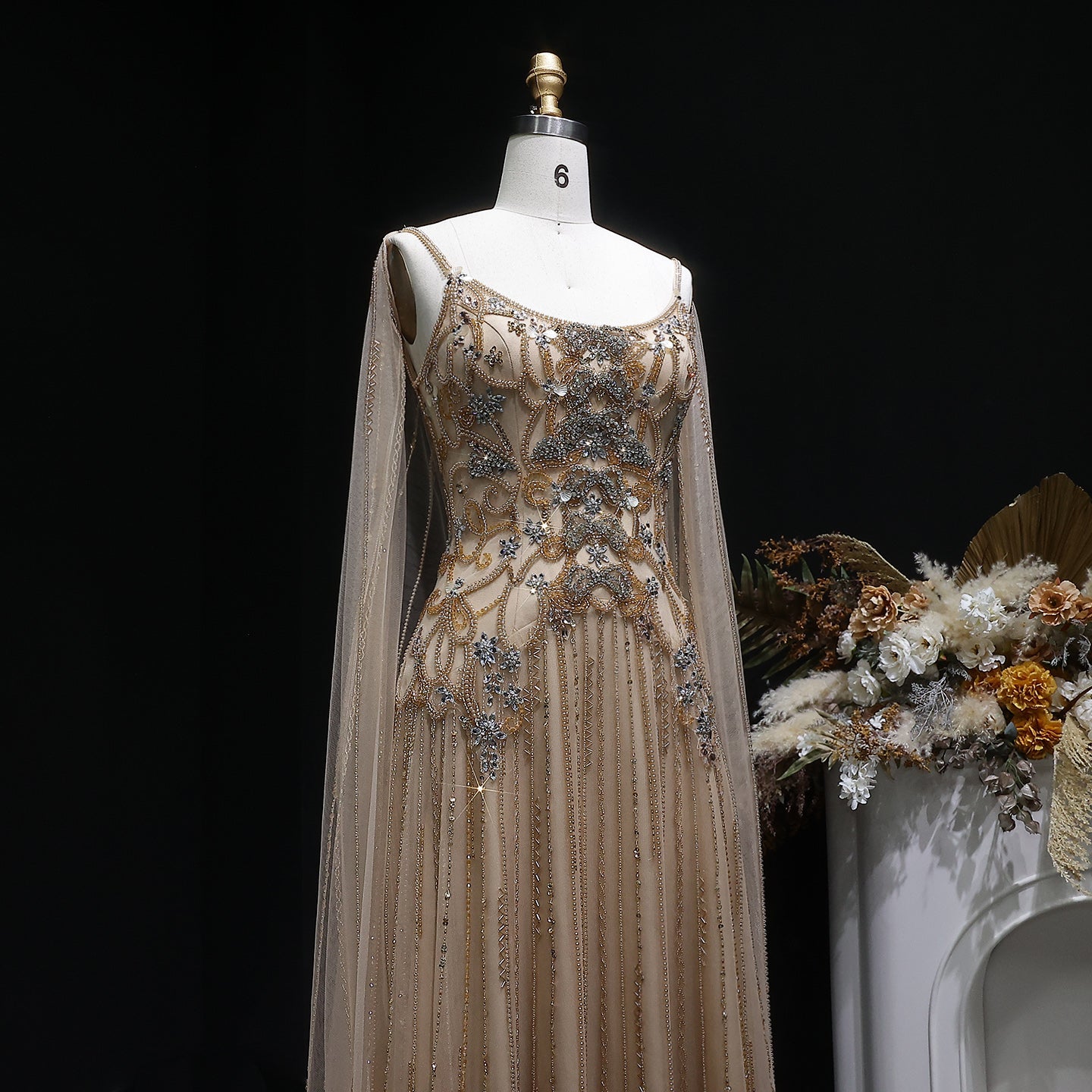 Champagne Beaded Sheer Corset Evening Gown with Draped Cape & Pleated Skirt SS538 Sheer Fairy