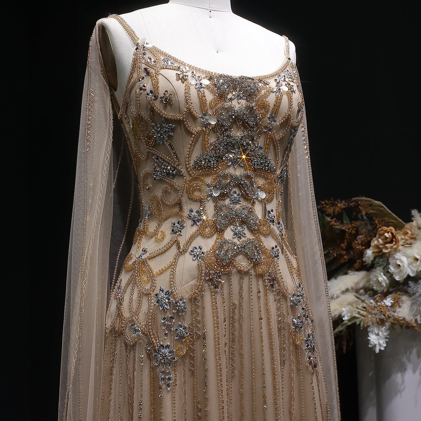 Champagne Beaded Sheer Corset Evening Gown with Draped Cape & Pleated Skirt SS538 Sheer Fairy