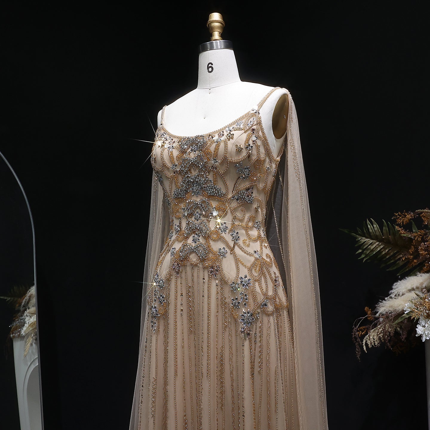 Champagne Beaded Sheer Corset Evening Gown with Draped Cape & Pleated Skirt SS538 Sheer Fairy