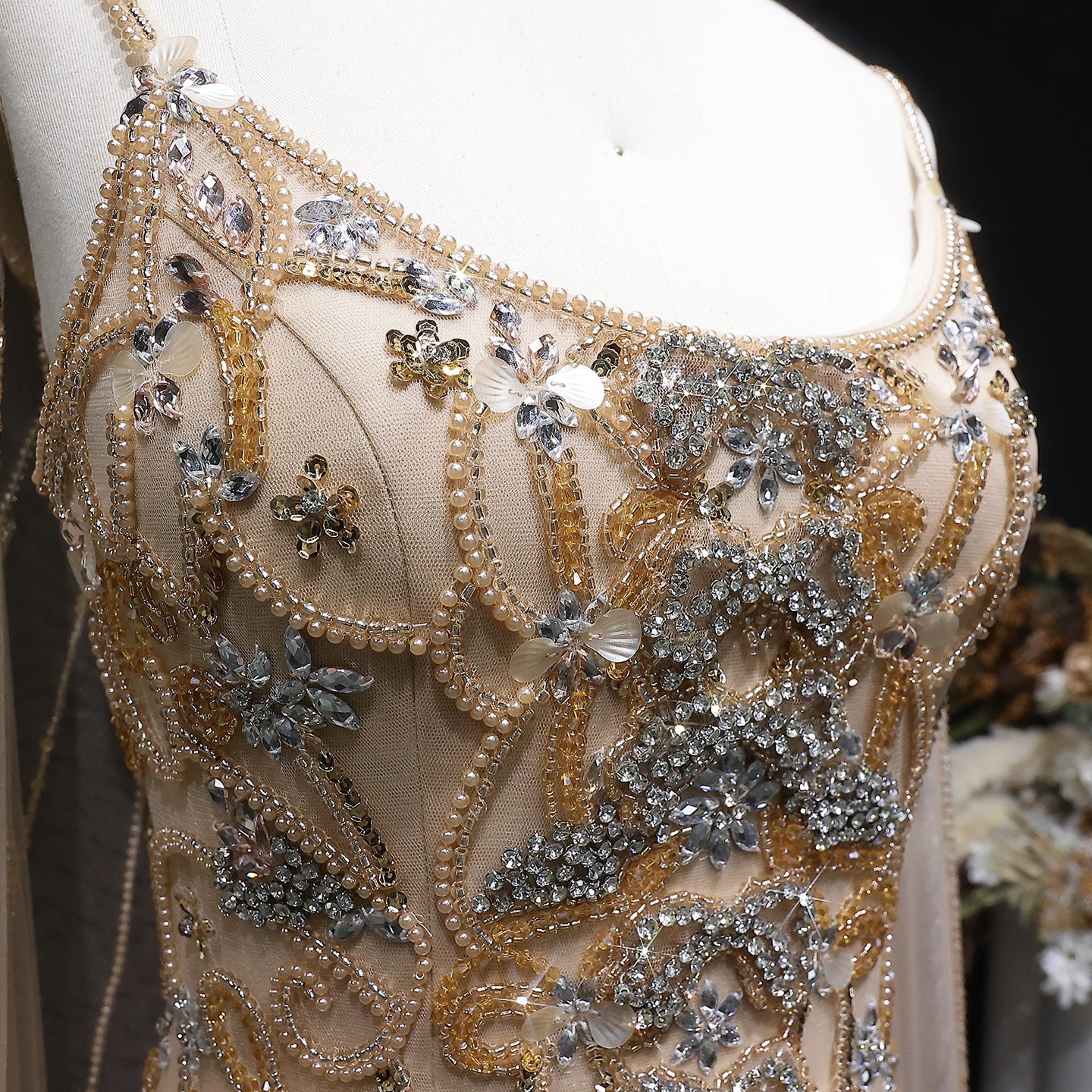 Champagne Beaded Sheer Corset Evening Gown with Draped Cape & Pleated Skirt SS538 Sheer Fairy