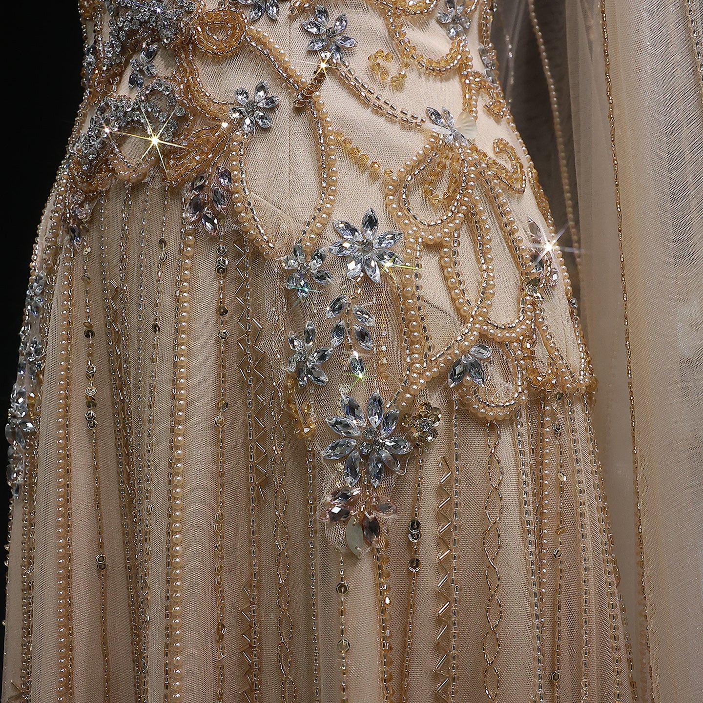 Champagne Beaded Sheer Corset Evening Gown with Draped Cape & Pleated Skirt SS538 Sheer Fairy