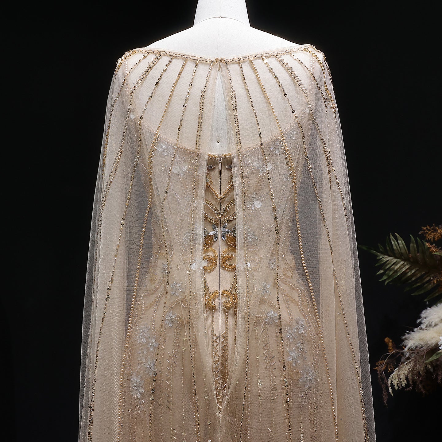 Champagne Beaded Sheer Corset Evening Gown with Draped Cape & Pleated Skirt SS538 Sheer Fairy