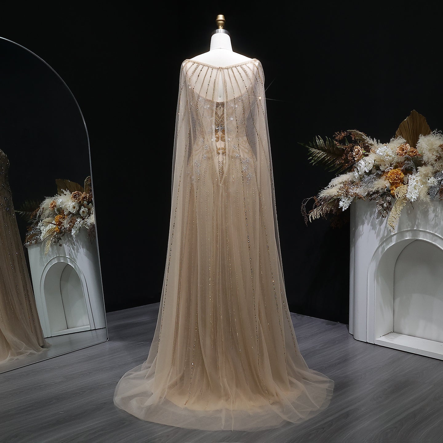 Champagne Beaded Sheer Corset Evening Gown with Draped Cape & Pleated Skirt SS538 Sheer Fairy