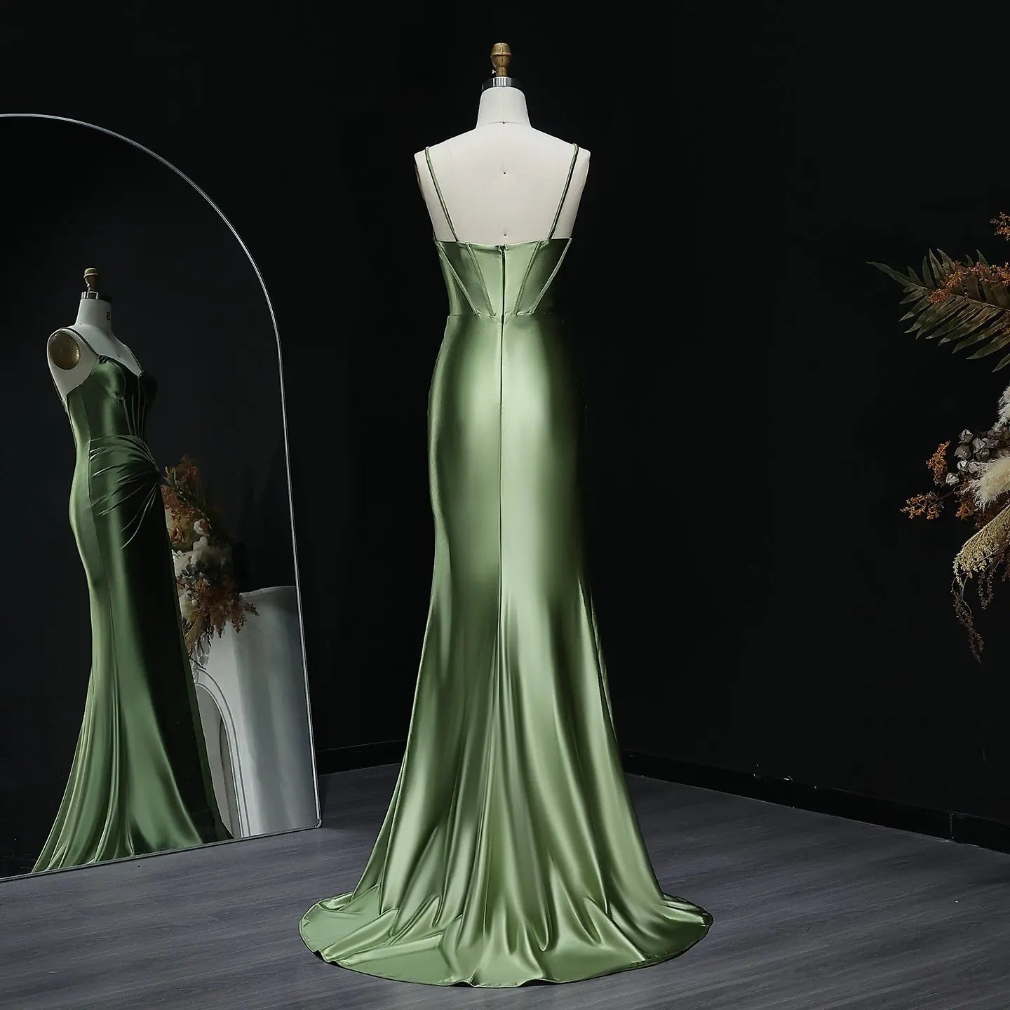 Elegant Sage Green Mermaid Prom Dresses with Slit Spaghetti Straps SH2 SHEER FAIRY Elegant Sage Green Mermaid Prom Dresses with Slit Spaghetti Straps SH2 SHEER FAIRY
