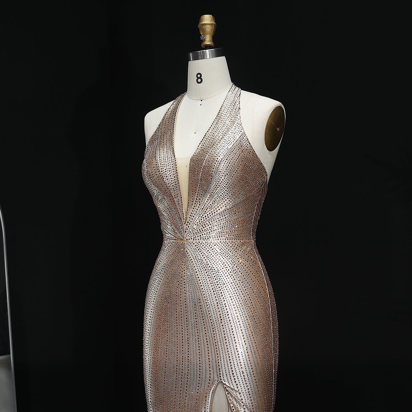 Sparkly Crystal Gold Halter Mermaid Prom Dresses with Slit Open Back Long Women Party Evening Gowns
