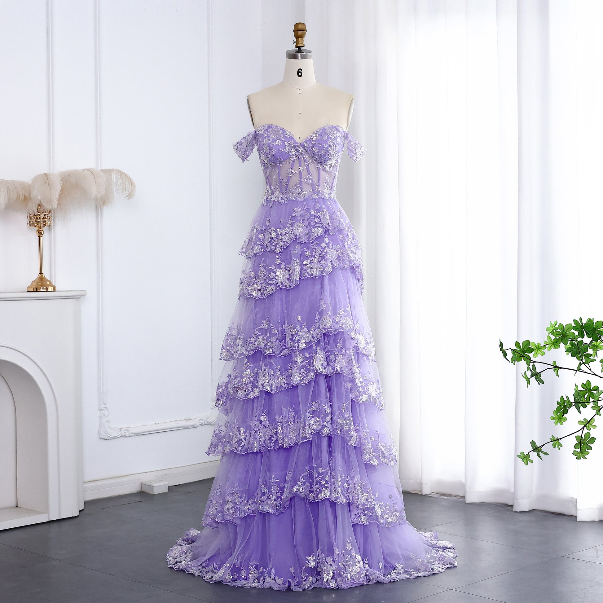 High Slit and Sequins Off-Shoulder Lace Ruffled A-Line Evening Gown SH150 - SHEER FAIRY