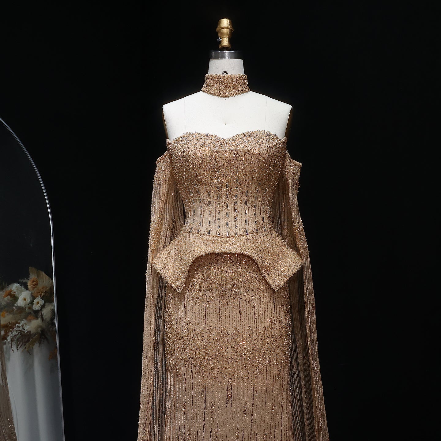 Gold Beaded Off-the-Shoulder Peplum Mermaid Evening Gown with Cape Sleeves & Choker SS558 Sheer Fairy