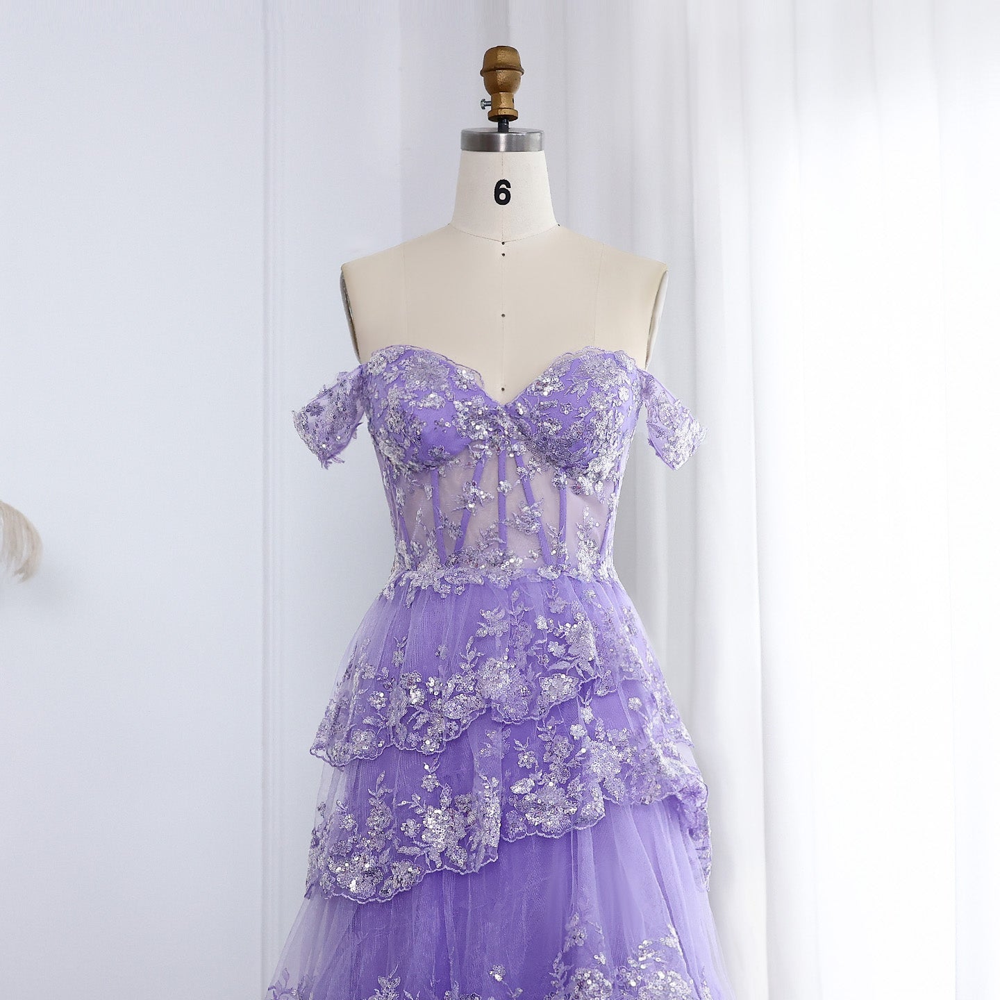 High Slit and Sequins Off-Shoulder Lace Ruffled A-Line Evening Gown SH150 - SHEER FAIRY